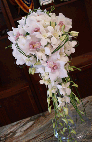 Bridal Cascading Bouquet - White with Green Accents